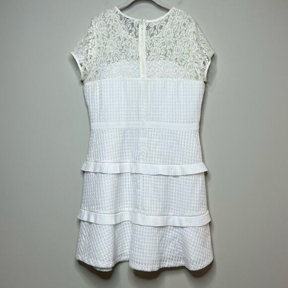 Kensie White Dress Size 14 Lace Top Tiered Pleated Ribbon Short Sleeves - Picture 9 of 14